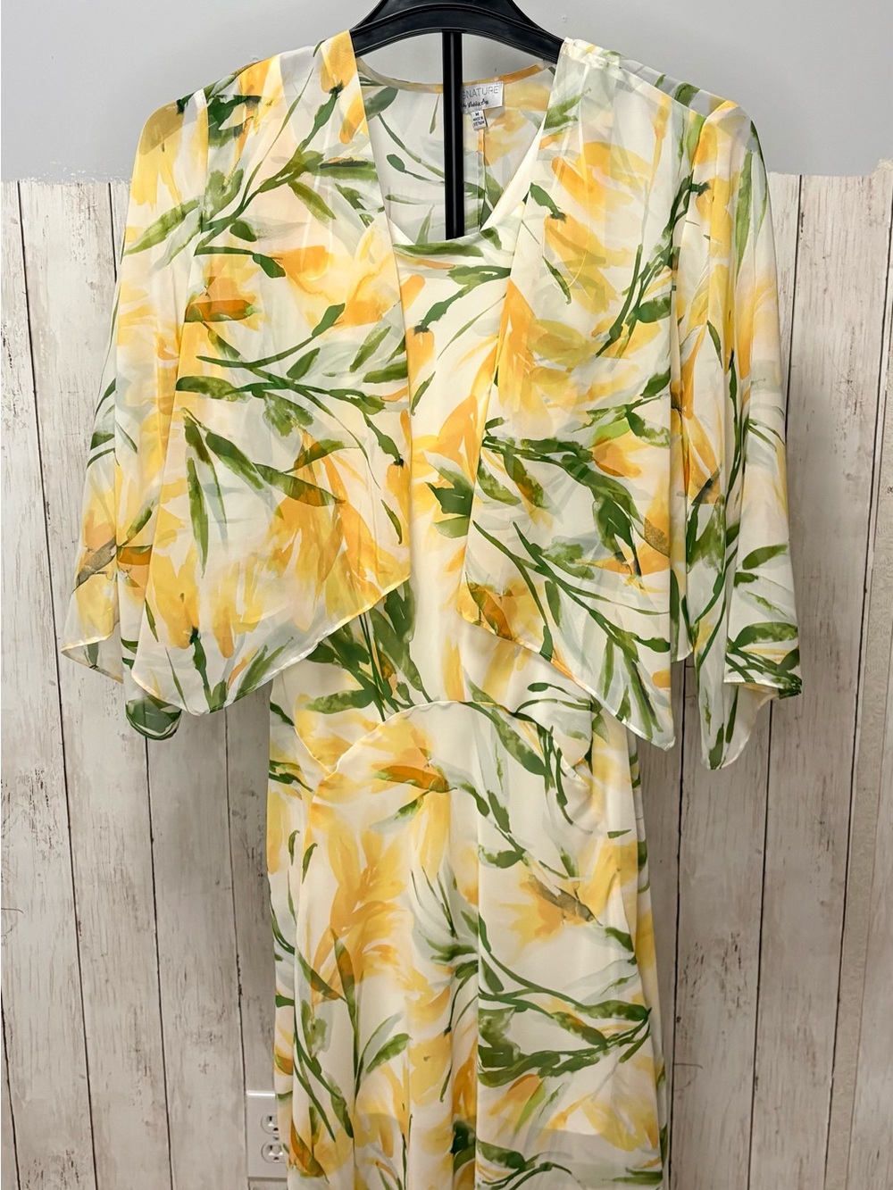 Robbie Bee Yellow Green Floral Dress with Sheer Overlay